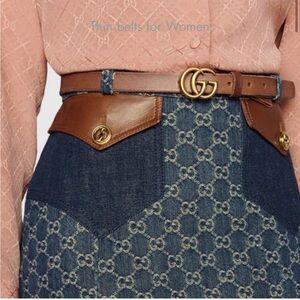 Gucci Faded Calfskin Leather Double G 20mm Thin Slim Brown Tan Gold Belt Size 75